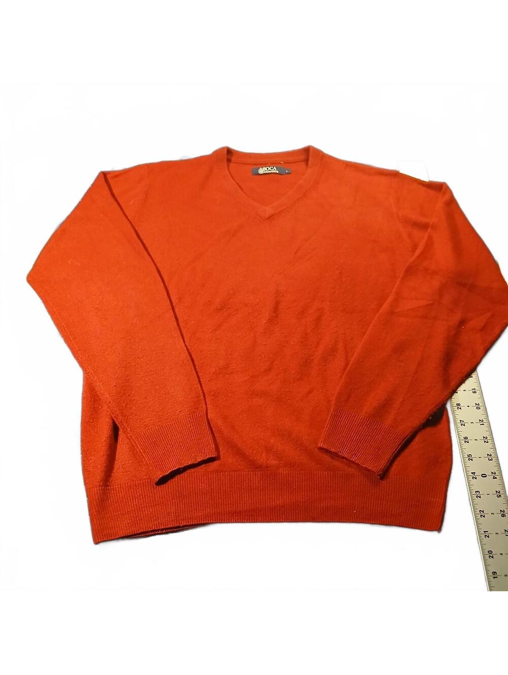 Boca Classics V-Neck Sweater Orange Long Sleeve Knit Pullover Men L Large
